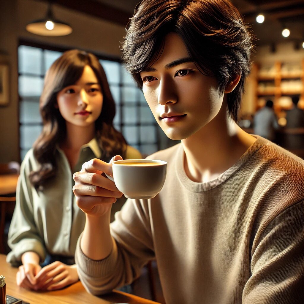 カフェで穏やかな表情の男性と、それを愛おしそうに見つめる女性という構図が描かれています。