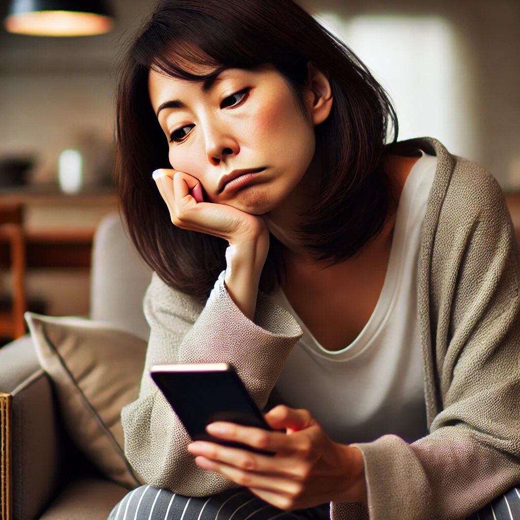 部屋でスマホを見ながら、とてもつまらなそうにしている40代の日本人女性