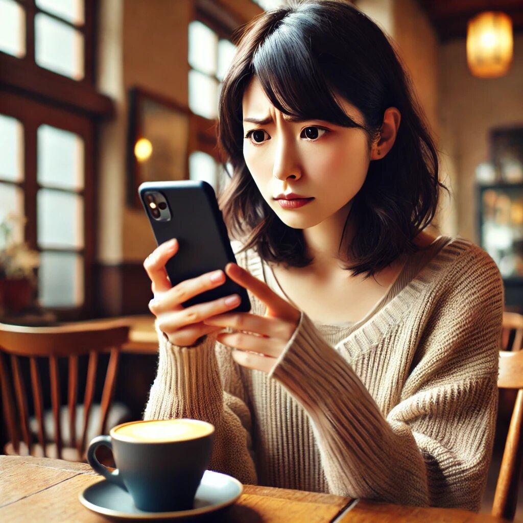 カフェでスマホを見ながら「何これ？」という表情をしている日本人女性のシチュエーションが再現されています。