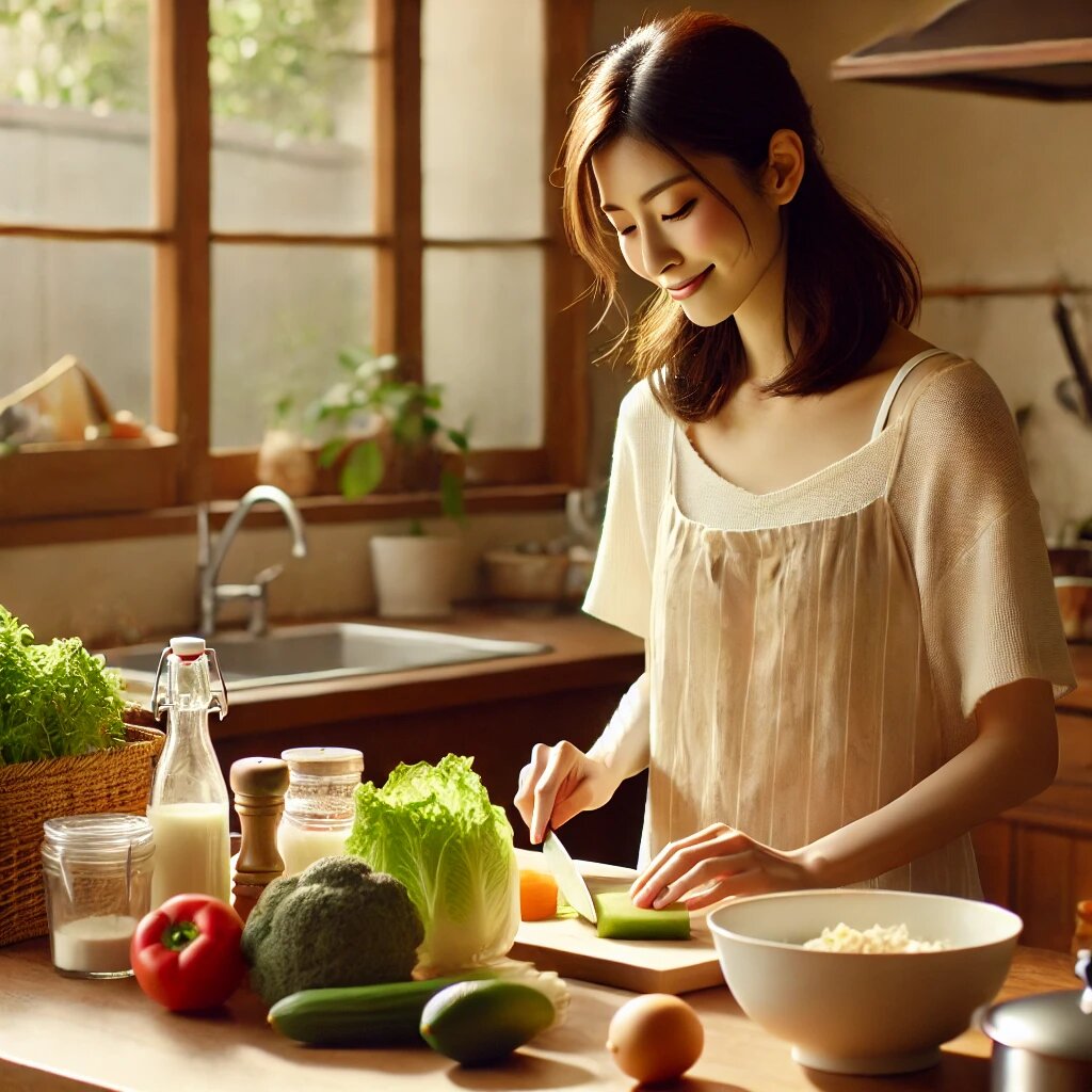 この画像は、暖かくて居心地の良いキッチンで料理をしている日本人女性を描いています。彼女は新鮮な食材とキッチンツールに囲まれ、集中しながらも穏やかな表情で料理をしています。明るく家庭的な雰囲気が伝わり、温かさと愛情を感じさせるシーンです。 この画像は記事全体のテーマである「料理上手な女性の魅力」を視覚的に表現し、読者に親しみやすさを伝えるものとしてぴったりです。