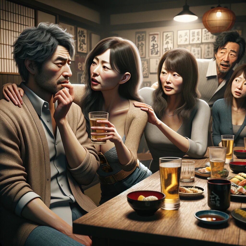 居酒屋でテーブルを囲む4人の日本人。酔った女性が片手にグラスを持ちながら隣の男性に言い寄り、男性は少し困惑して逃げ腰になっている。居酒屋の薄暗い照明と、テーブルに並ぶ飲み物や料理が、和やかさと緊張感が混ざる場面を引き立てている。他の2人はその様子を見て、少し驚きと苦笑いを浮かべている。