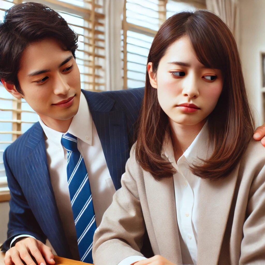 オフィスで男性が女性に身を寄せて話しかけるシーン。女性は嫌そうに体を逸らしており、男性との距離感に不快感を抱いている様子が見られます。プロフェッショナルな環境での日本人の男女のやり取りをリアルに描写した一枚です。