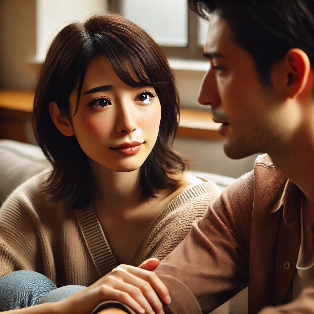 日本人カップルがリビングで一緒に座っている様子。女性は感情的になりながら深い話をしており、男性は優しく耳を傾けて共感とケアを示しています。部屋は温かく親密な雰囲気で、柔らかい照明が関係の深さと理解を表しています。男性は静かに頷いており、深く会話に引き込まれている様子が伝わります。