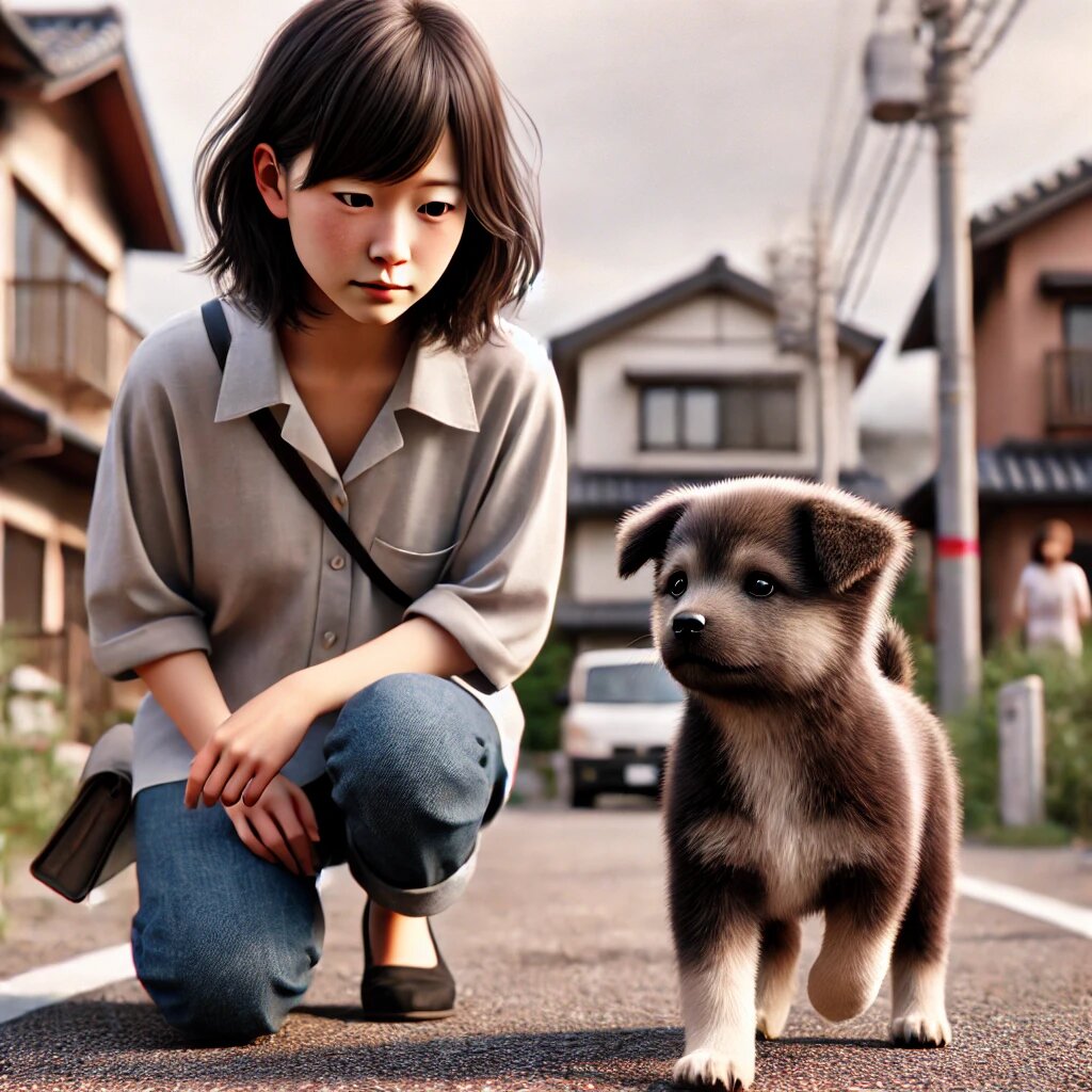 公園で子犬を散歩させている人。その子犬を無表情で見つめる日本人女性。シーンは日常的なもので、子犬の無邪気な姿と女性の感情のない表情との対比が特徴です。 この画像は記事の内容に合わせ、動物を可愛いと思えない感情を表現するための視覚的なサポートになります。