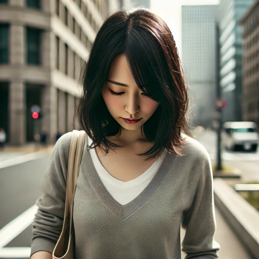 日本人の女性が街中を歩いている様子で、少し頭を下げているシーンを描いています。彼女はカジュアルな服装をしており、街の背景と日中の自然な雰囲気が伝わるようにリアルに描かれています。女性は内省的な様子ですが、悲しげではなく、思索的な印象を与えるような表情です。