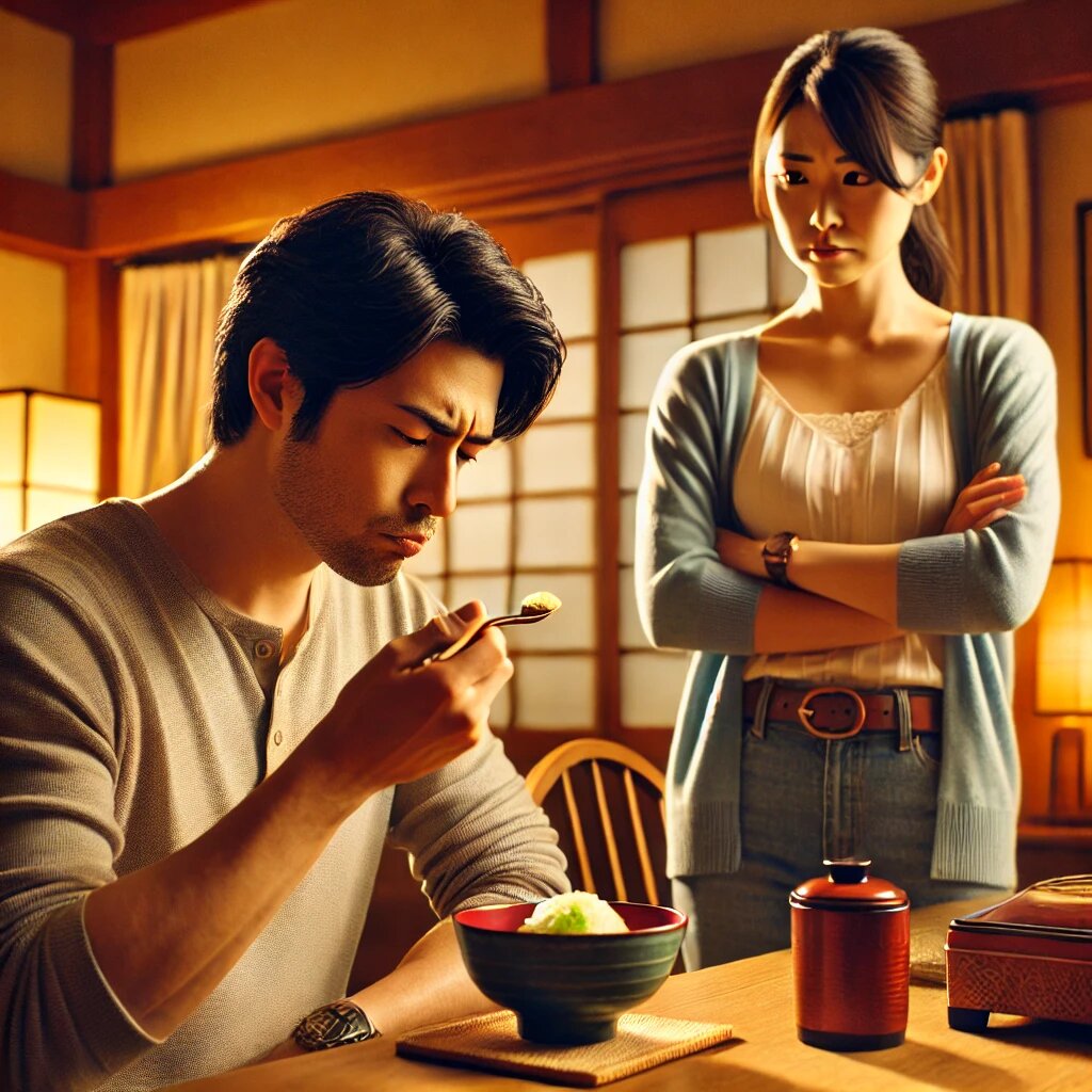 夫が料理を口にしながら不満そうな表情を見せ、妻がそれを不服そうに聞いているシーンがダイニングで描かれています。