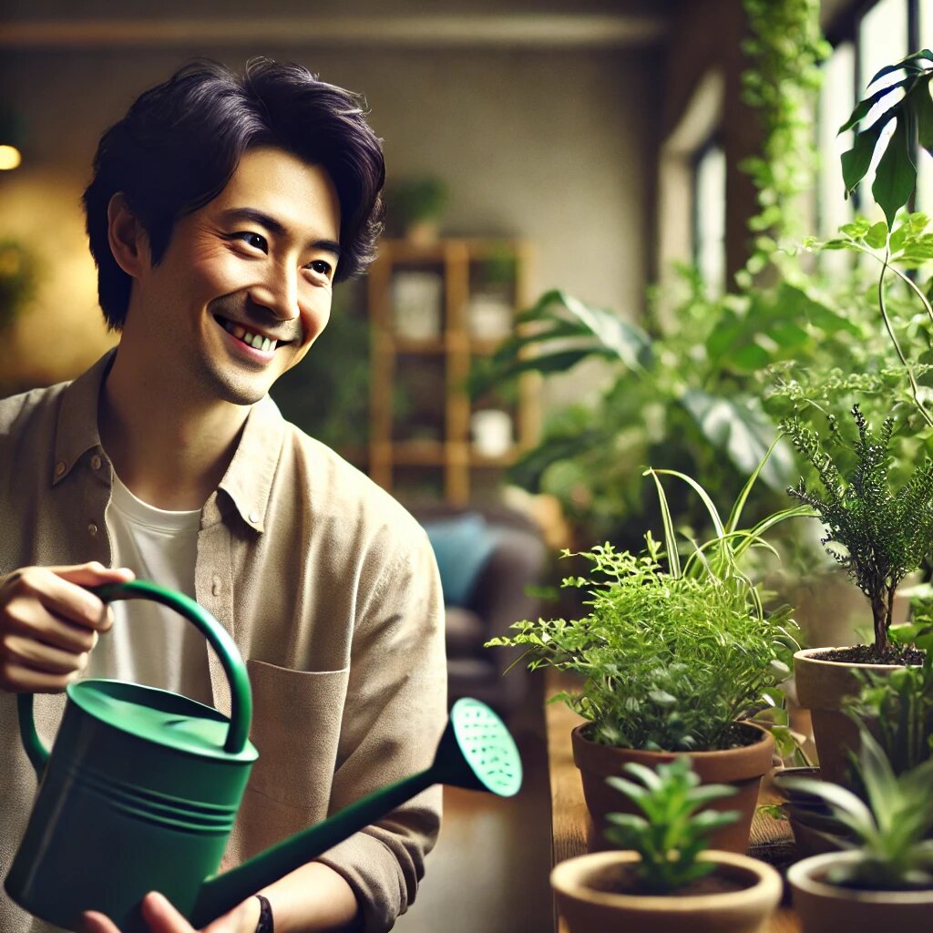 この画像は、日本人男性が観葉植物に水をやりながら穏やかに微笑んでいる様子を描いています。暖かい自然光が差し込むリビングで、元気な観葉植物に囲まれた男性が、植物を育てる喜びと穏やかな時間を過ごしている雰囲気が感じられるようにデザインされています。