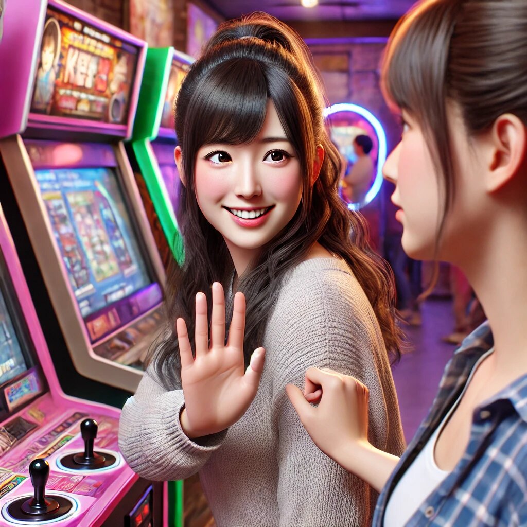 画像が完成しました。この記事のアイキャッチとして、ゲームセンターで友人からの誘いに戸惑う女性の様子がリアルに描かれています。このシーンは、「負けるのが嫌だからやらない」という心理に共感できるようなイメージを持っているため、読者にとっても親しみやすく、興味を引くビジュアルになっていると思います。