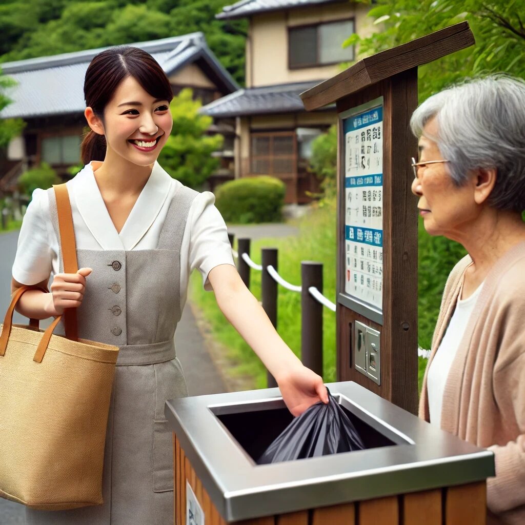 日本の公園内のゴミステーションで、若い主婦がゴミを捨てながら中年女性に笑顔で挨拶をしています。しかし、中年女性は険しい表情をしており、近所づきあいの微妙な緊張感が表れています。背景には公園の木々や清潔なゴミステーションが見え、日常の一場面をリアルに描写しています。