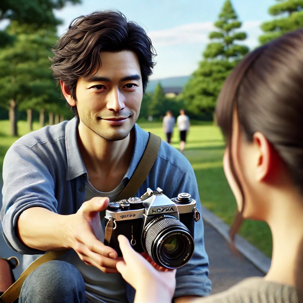 この画像は、公園で30代の日本人男性が20代の日本人女性にカメラを差し出している場面をリアルに描いています。男性の優しい笑顔と、暖かい信頼感を表す雰囲気が、二人の親密な関係を示しています。背景には木々と青空が広がり、穏やかで招き入れるような環境を表現しています。