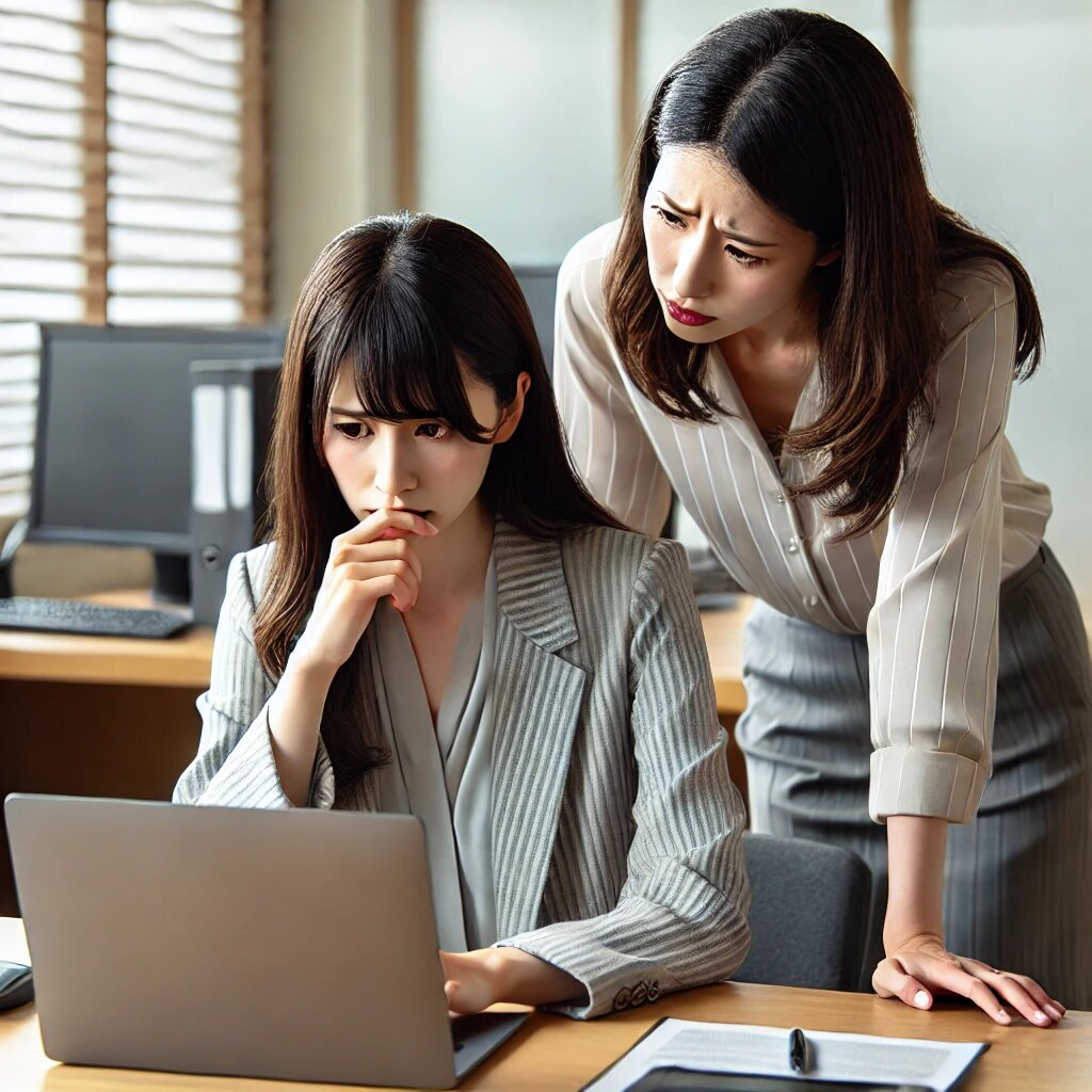 オフィスの一角で、PCに向かって仕事をしている日本人女性と、横から相談を持ちかける日本人女性の様子を描いたリアルな写真風の画像です。PCに向かう女性は困惑した表情を浮かべ、相談する女性は真剣に話しかけています。オフィスは整然としており、デスクにはノートパソコンや文房具が配置され、プロフェッショナルな雰囲気が漂っています。