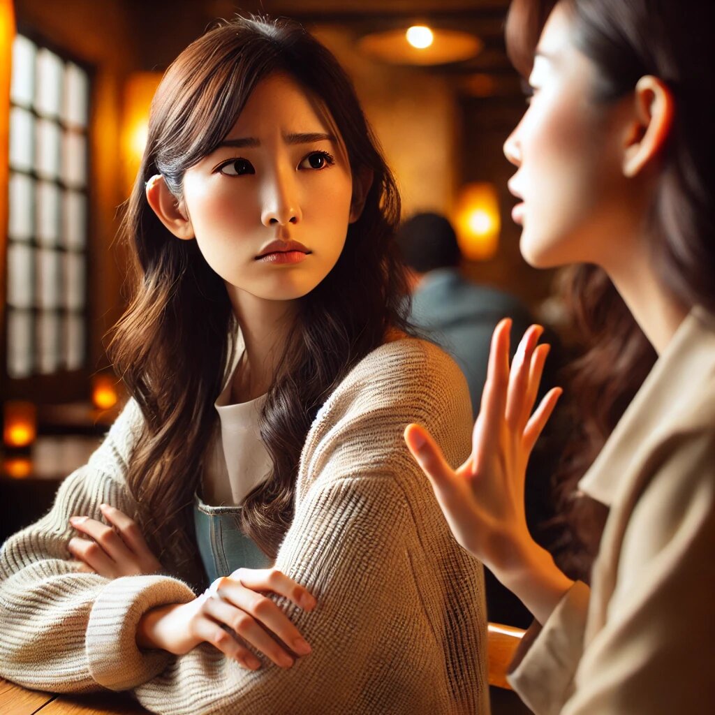 カフェで会話する二人の日本人女性。片方が話を遮られ、困惑した表情を浮かべている。言葉をかぶせられるストレスが伝わる一枚。