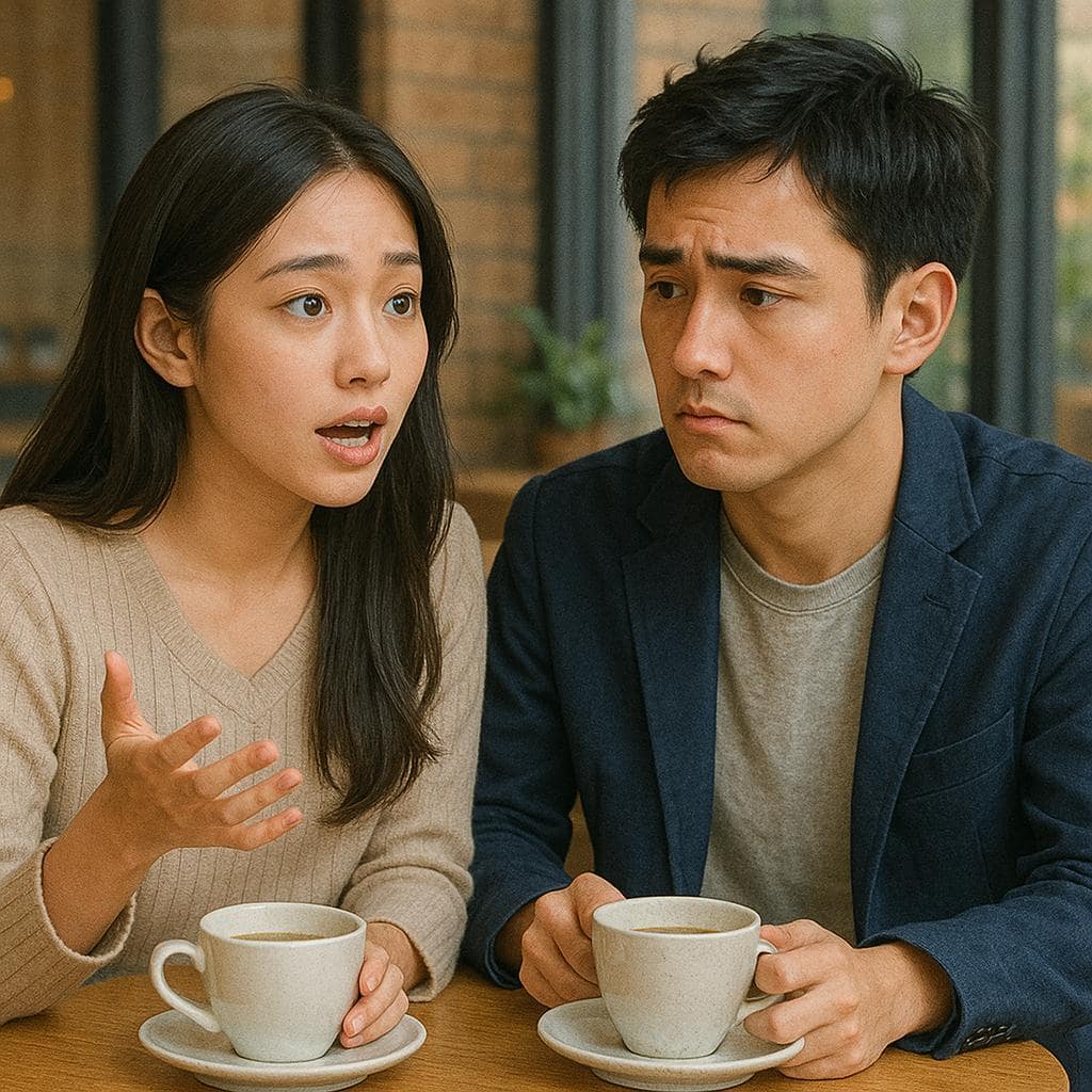 カフェで向かい合う若い男女。女性は熱心に話し、男性は少し困惑した表情で耳を傾けている、柔らかな光に包まれた繊細なイラスト。