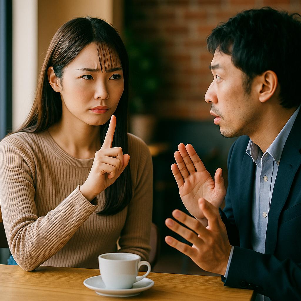 カフェのテーブル越しに、冷静に指を立てて注意する日本人女性と、困惑しながら手を上げて応じる日本人男性。緊張感と冷静さが交錯する瞬間。