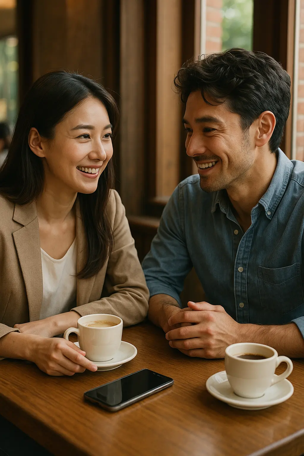 カフェで向かい合い微笑み合う男女。テーブルの上に置かれたスマホが自然体の信頼関係を物語るワンシーン。