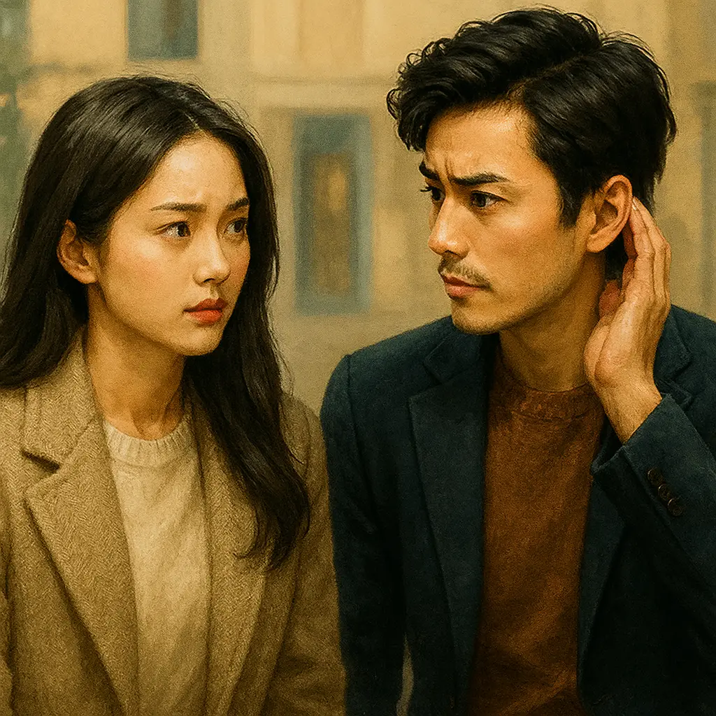 微妙な距離感で向き合う二人。心のすれ違いと、通じ合いたい想いが交差する、静かな対話のワンシーンです。