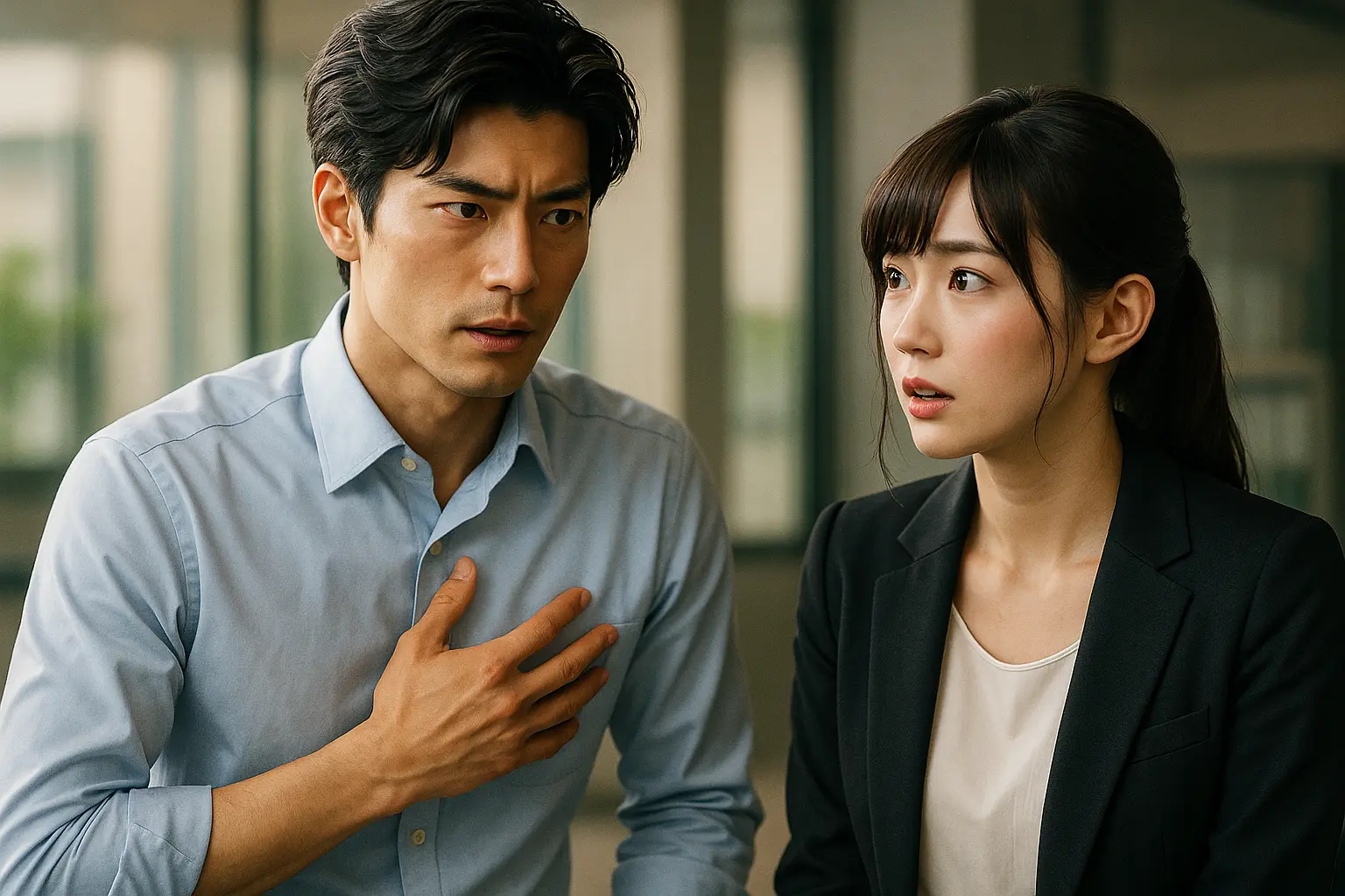 柔らかな自然光が差し込むオフィスで、スーツ姿の日本人男女が真剣な表情で向き合っている。男性は胸元に手を添えて話し、女性は少し驚いた様子で見つめている。