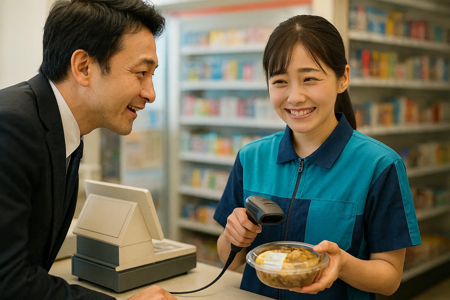 コンビニのレジで話しかけるスーツ姿の男性と、困り笑顔を見せる女性店員の一幕。感情が交錯するリアルな接客シーン。