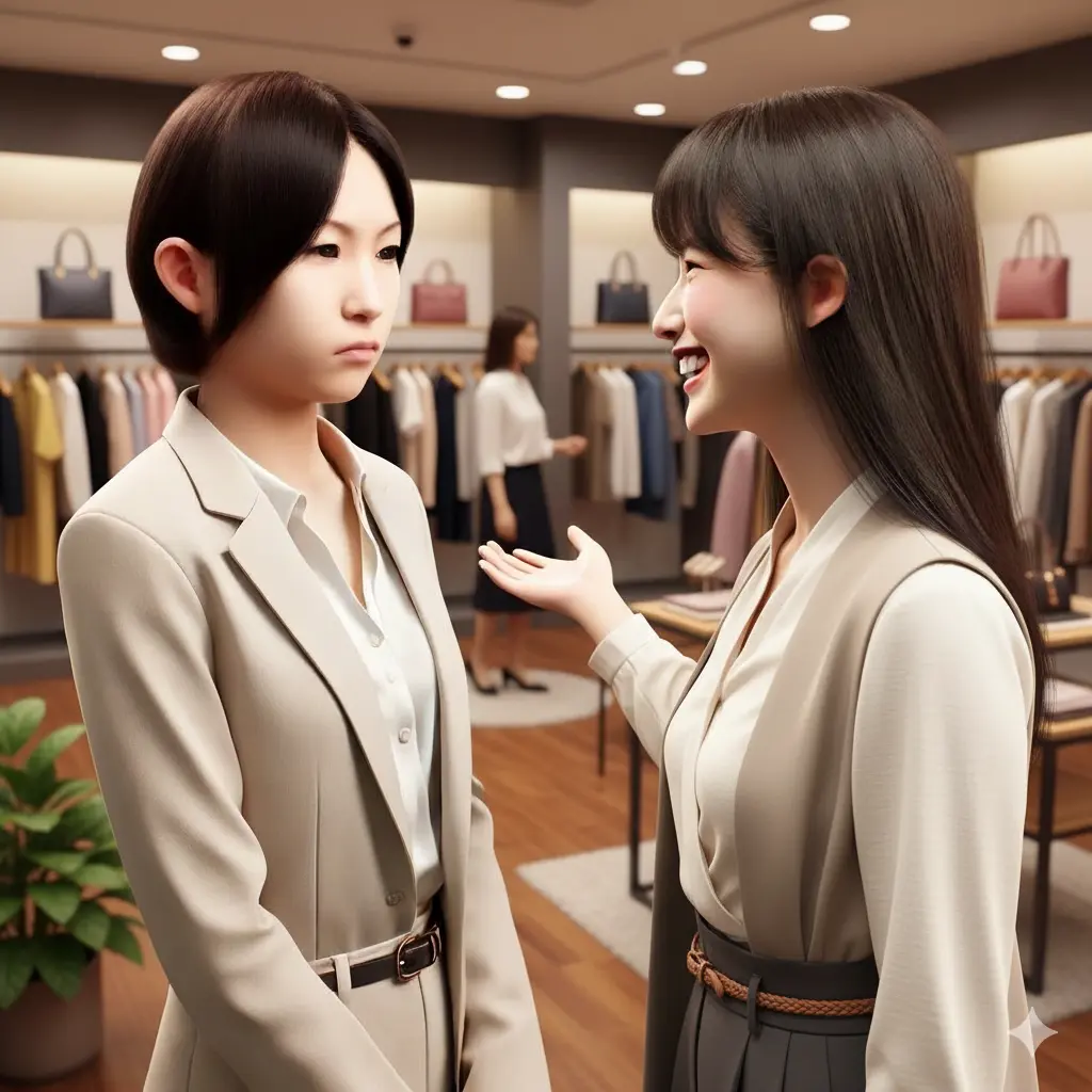 店員にタメ口で話しかけられ、困惑した表情を浮かべる女性客と笑顔で接する店員の場面。