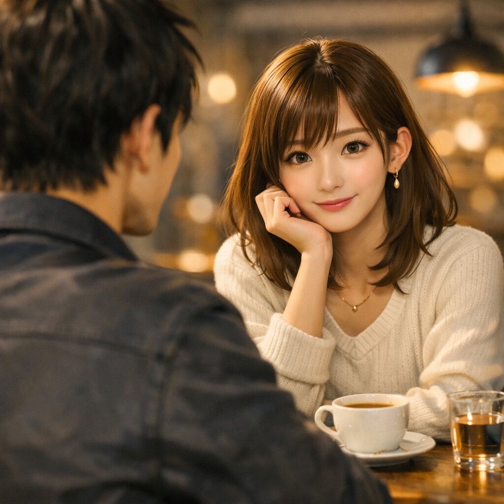 カフェで向かい合う女性がやさしい眼差しを向け、背後の男性がその視線に戸惑いながら惹かれていく瞬間を切り取った一枚。