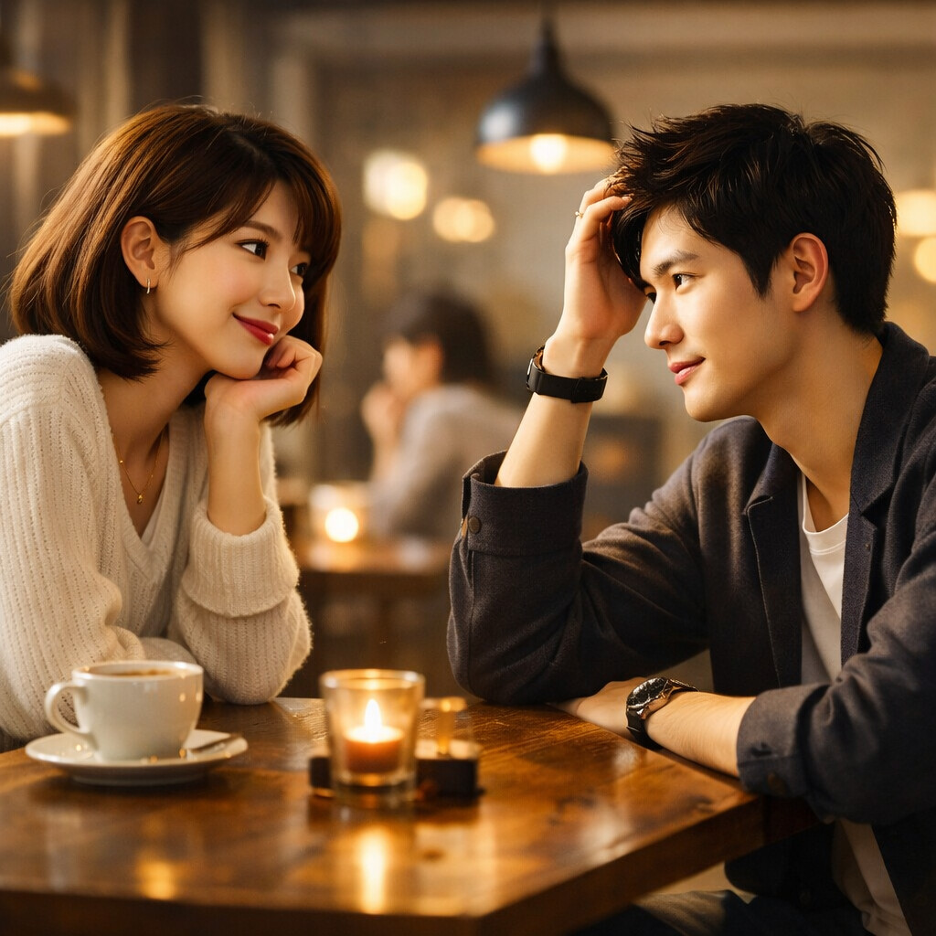 カフェで向かい合って話す二人。彼は無意識に髪に触れながら、少し照れたような視線を彼女に向けている。