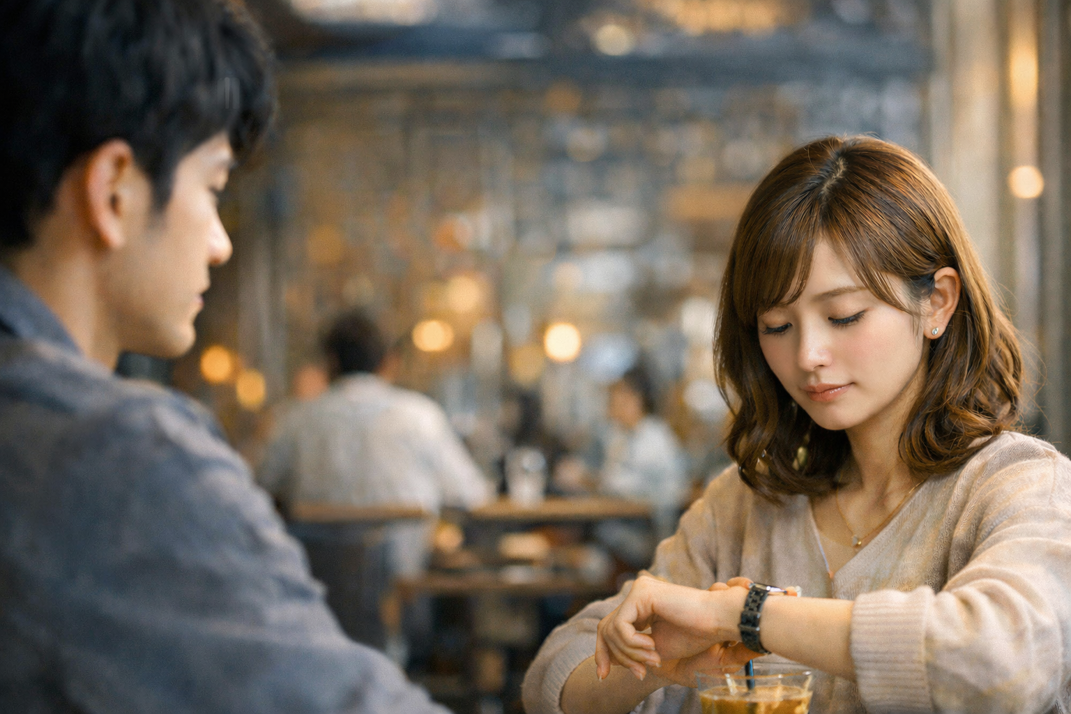 カフェで向かい合う女性が腕時計を確認し、男性がその様子を気にして見つめているデート中のワンシーン。