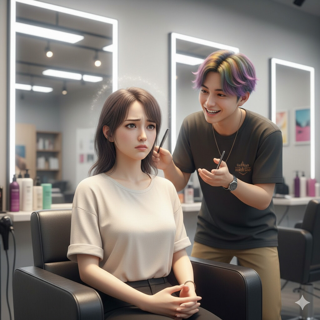 美容室でタメ口の美容師に話しかけられ、戸惑いと違和感を隠せない女性。心の中のモヤモヤが表情ににじむ瞬間。