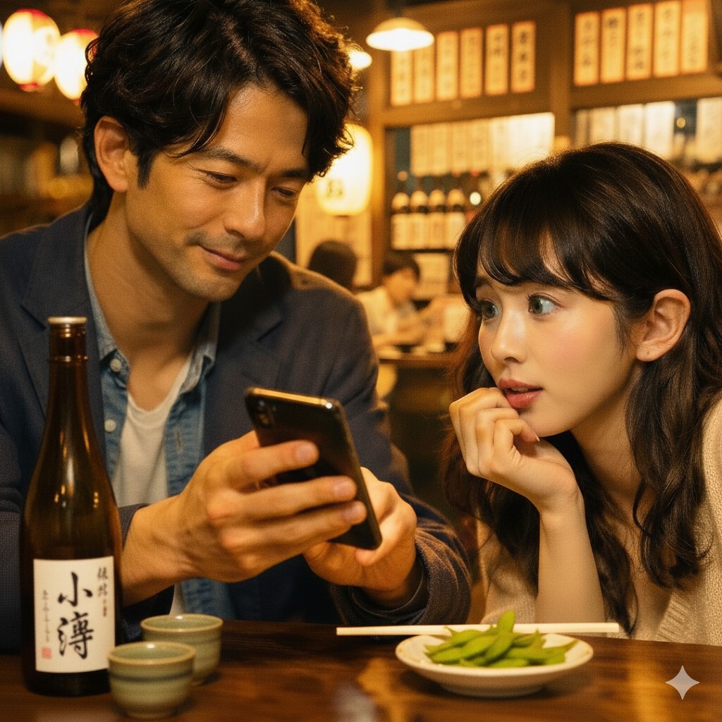 カフェで男性がスマホの画面を見せ、女性が少し不安そうにその表情をうかがいながら見つめている、距離の近い二人の微妙な空気感を切り取ったワンシーン。