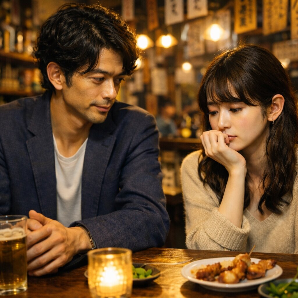 温かい灯りの居酒屋で並んで座る二人。気になる男性を前に、不安そうにうつむく女性の表情が、揺れる恋心と迷いを静かに映し出している一枚。