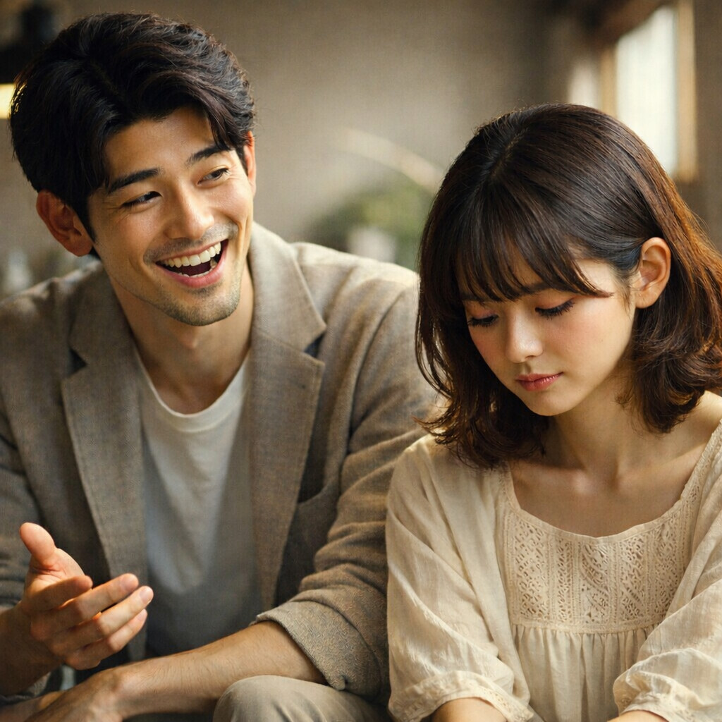 半笑いで話す男性と、戸惑いながら視線を落とす女性。言葉と気持ちのズレが伝わる、静かな緊張感のある場面。