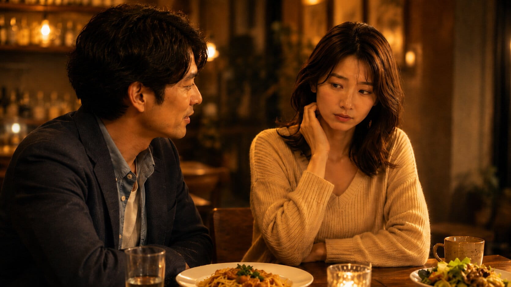 温かなカフェで会話する男女。男性の言葉に、女性が少し戸惑い視線をそらす様子から、呼び捨てへの苦手意識や距離感の違和感が伝わる一枚です。