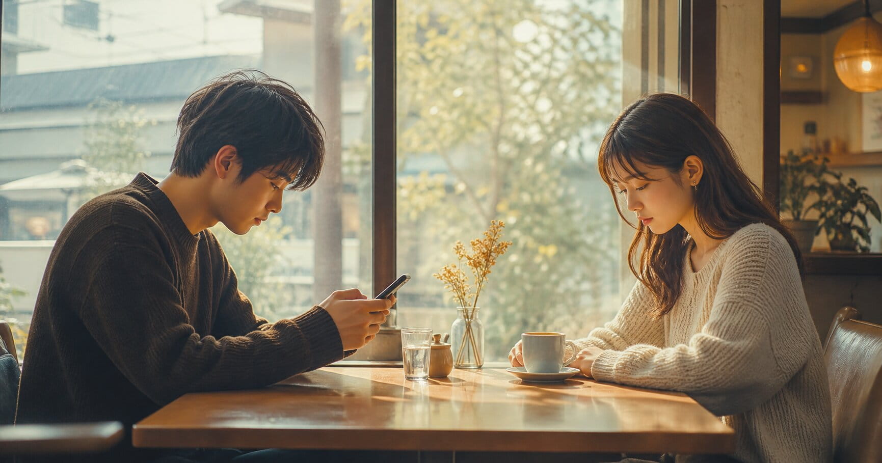 部屋のソファで並んで座るカップル、彼氏がスマホを手にしていて、彼女が穏やかに話しかけようとしている、日常感、ナチュラルなインテリア、やさしい光